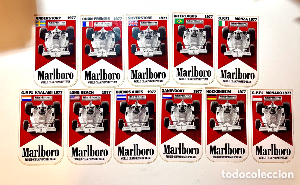 Coleccionismo deportivo: JOYA &Uacute;NICA - Lote 11 Pegatinas Originales F1 Marlboro World Championship Team 1977 &ndash; variante error