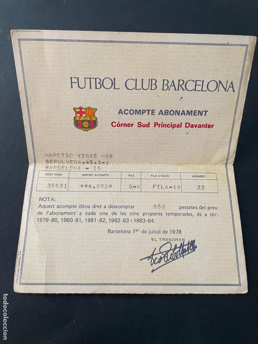 Coleccionismo deportivo: FUTBOL CLUB BARCELONA - ACOMPTE ABONAMENT (CORNER SUD PRINCIPAL DAVANTER) 1978