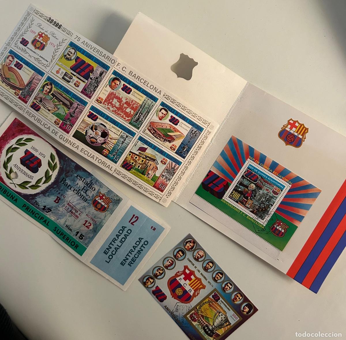 Coleccionismo deportivo: Lote FC Barcelona 75&ordm; Aniversario 1899-1974 &ndash; Sellos, entrada original y edici&oacute;n conmemorativa