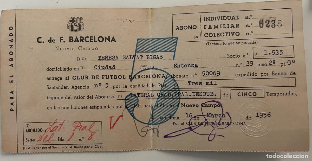 Coleccionismo deportivo: C. de F. Barcelona &ndash; Abono Nuevo Campo 1956 &ndash; Abono Familiar 5 Temporadas &ndash; Original con sellos 1957