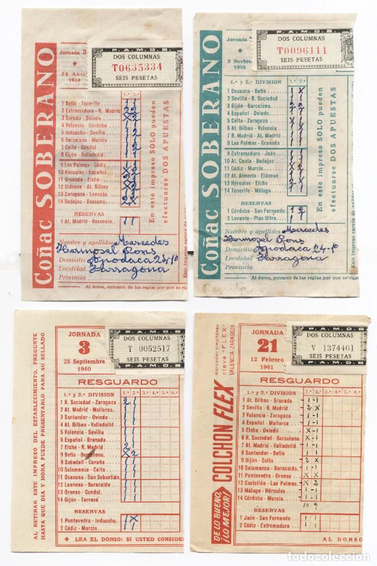 Coleccionismo deportivo: Cuatro boletos antiguos de La Quiniela en Espa&ntilde;a datados entre 1959 y 1961