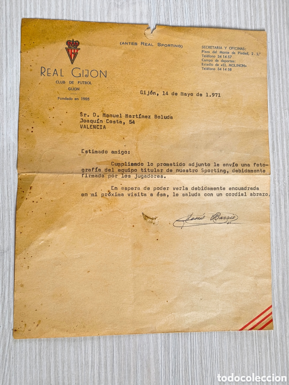 Coleccionismo deportivo: REAL SPORTING GIJON CARTA FIRMADA JESUS BARRIO - Foto 1