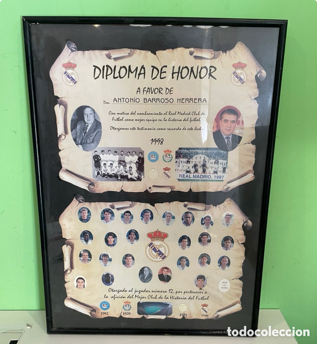 Coleccionismo deportivo: Diploma de Honor Real Madrid Club de F&uacute;tbol 1998 Enmarcado &ndash; Coleccionismo Deportivo
