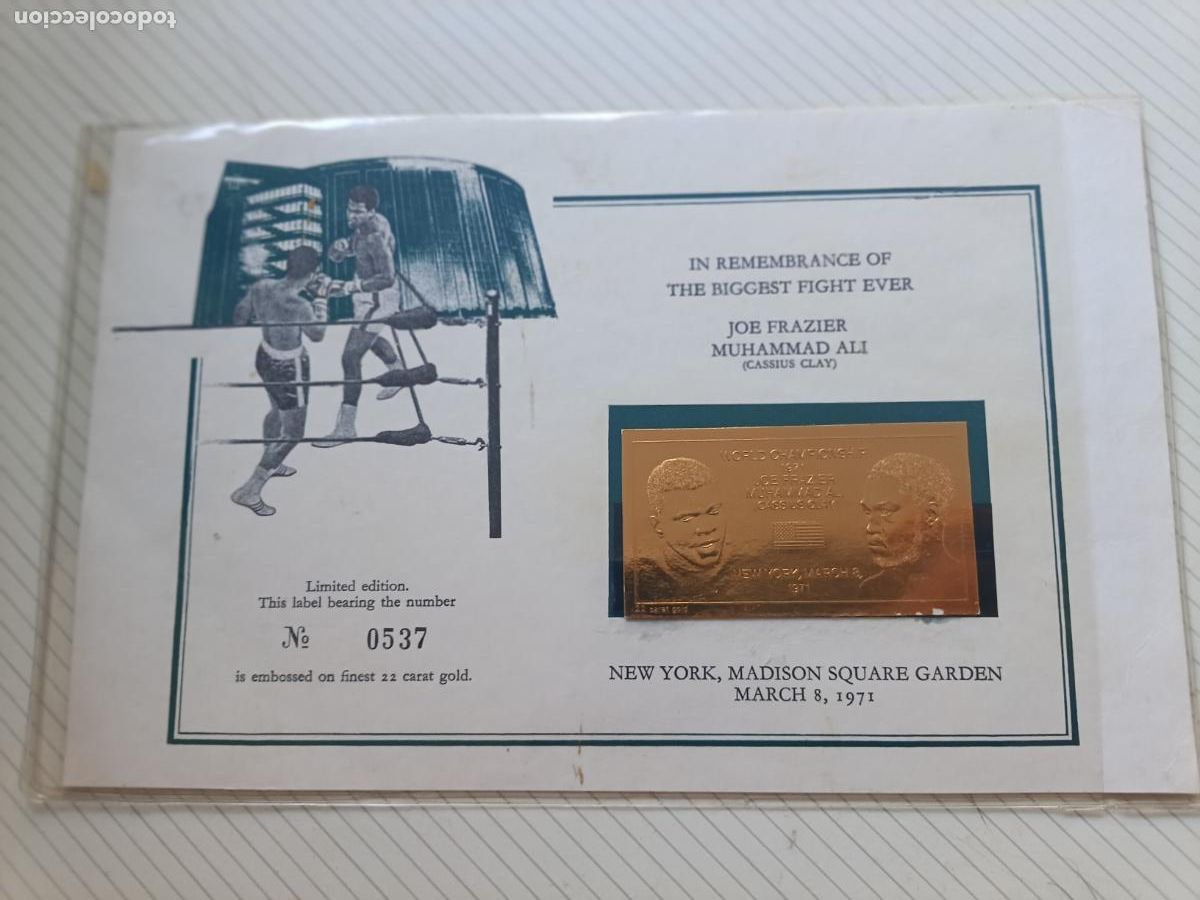 Coleccionismo deportivo: Boxeo 1971 Muhammad Ali, Classius Clay. vi&ntilde;eta laminada de oro de 22 kilates, edici&oacute;n limitada USA