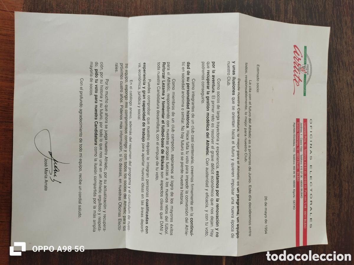 Coleccionismo deportivo: Carta Jos&eacute; Mar&iacute;a Arrate a los socios del Athletic de Bilbao 1994