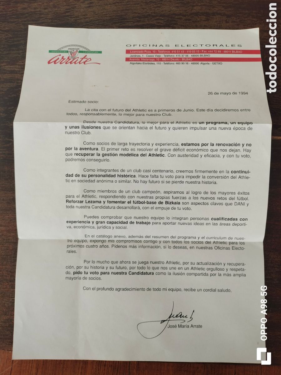 Coleccionismo deportivo: Carta Jos&eacute; Mar&iacute;a Arrate a los socios del Athletic de Bilbao 1994