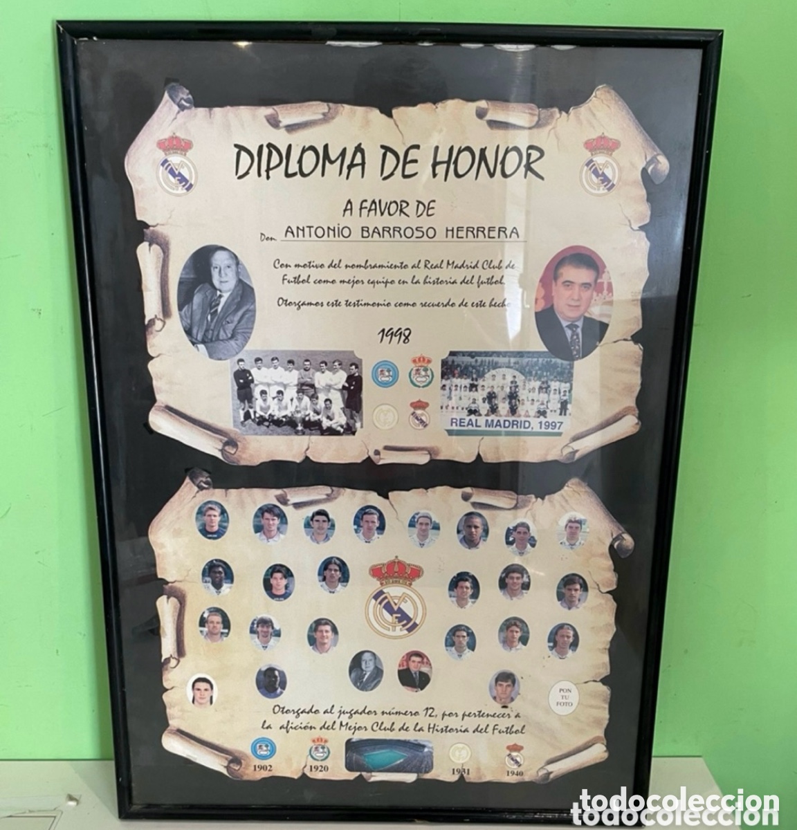 Coleccionismo deportivo: Diploma de Honor Real Madrid Club de F&uacute;tbol 1998 Enmarcado - Coleccionismo Deportivo