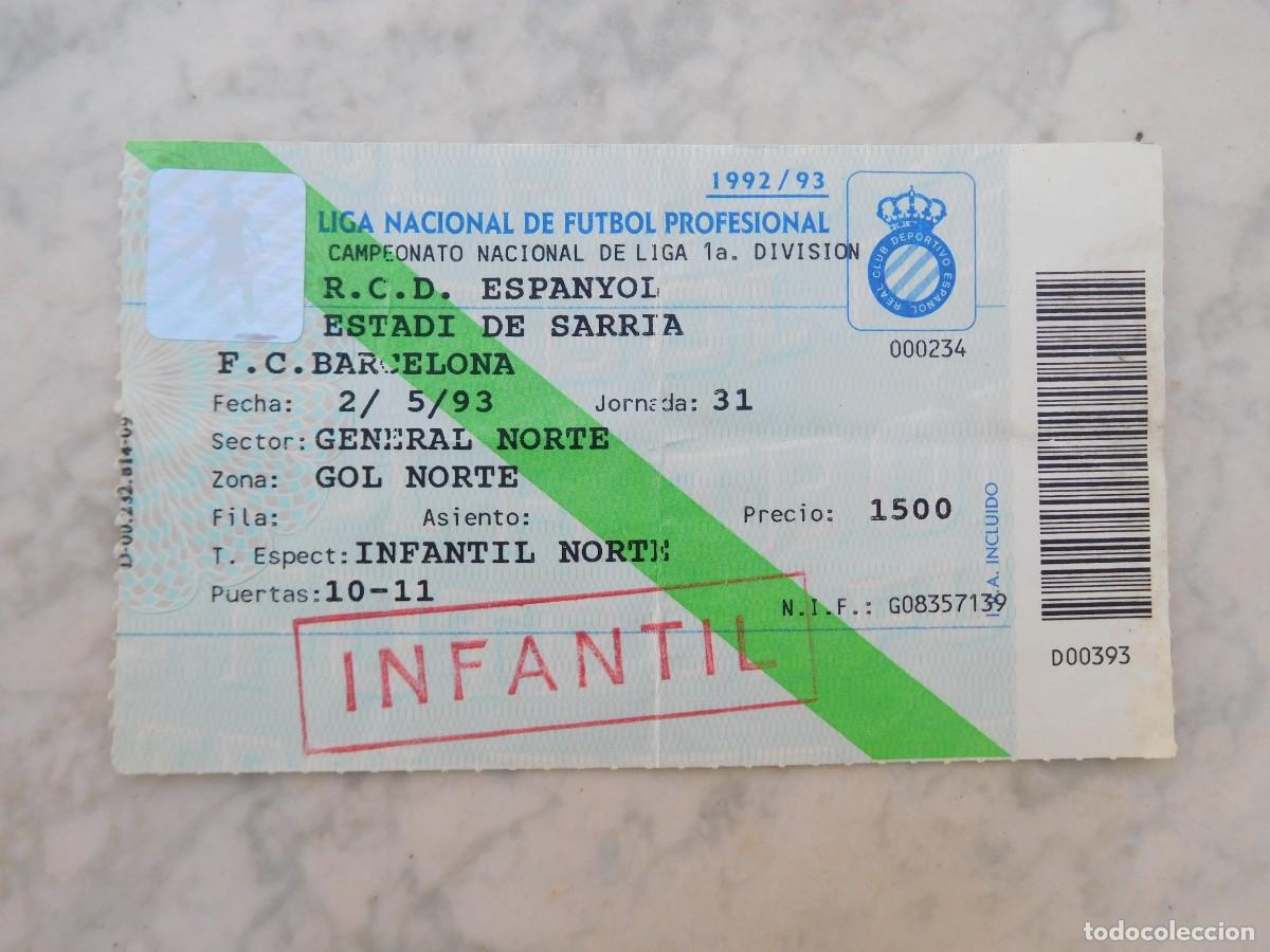 Coleccionismo deportivo: Entrada partido RCD Espanyol F.C. Barcelona. Estadi Sarria 2/5/93 1993