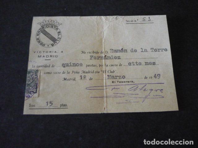 Coleccionismo deportivo: REAL MADRID CLUB DE FUTBOL PE&Ntilde;A MADRIDISTA EL CLUB RECIBO SOCIO 1949
