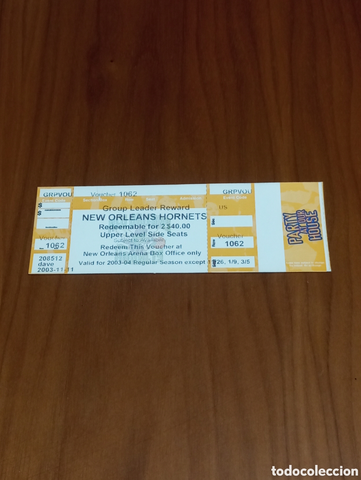Coleccionismo deportivo: TICKET SIN USAR NBA NEW ORLEANS HORNETS VALIDA PARA DOS ENTRADAS PARA LA TEMPORADA 2003 2004