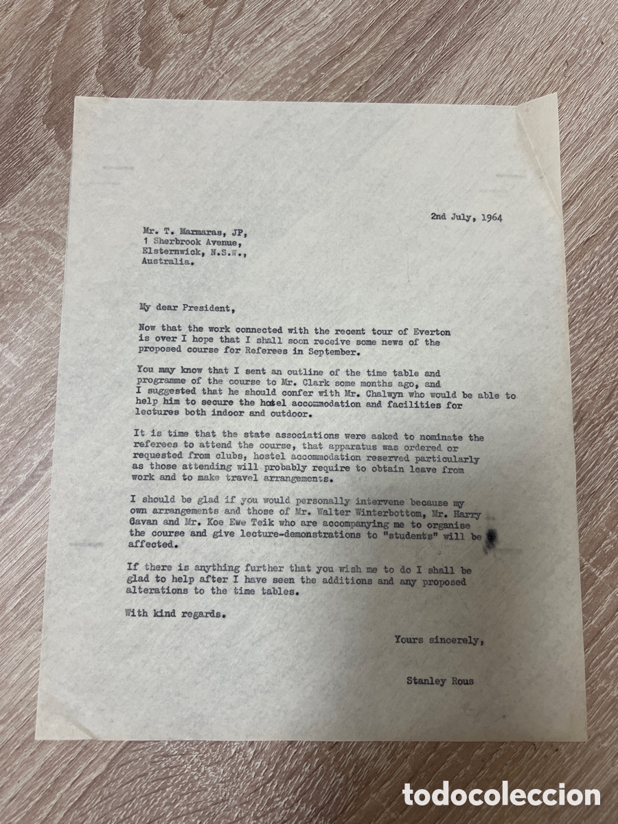 Coleccionismo deportivo: CARTA ORIGINAL FIFA STANLEY ROUS / EVERTON CF CURSO ARBITROS