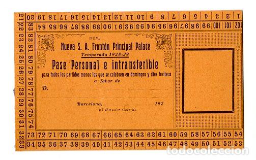 Coleccionismo deportivo: Entrada Front&oacute;n Principal Palace Temporada 1928 - 29