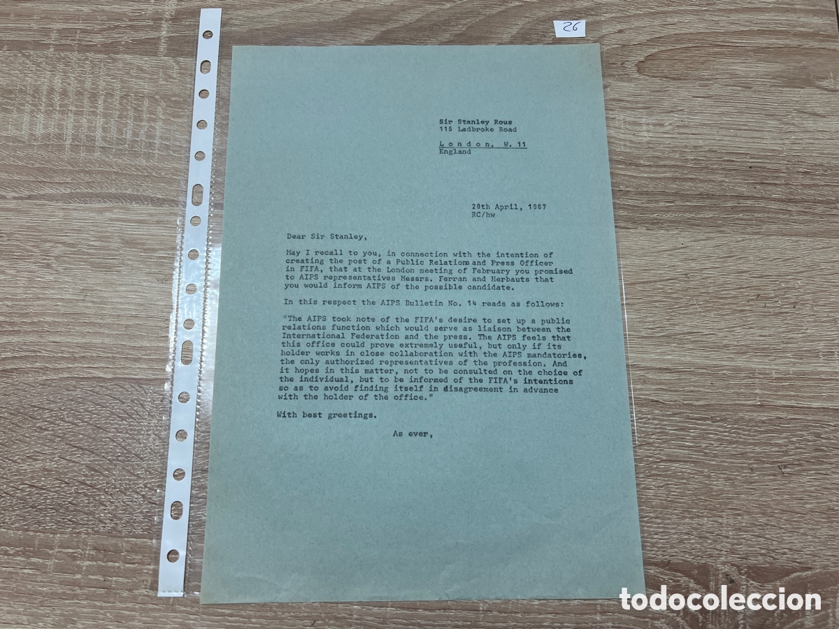 Coleccionismo deportivo: CARTA DOCUMENTO FIFA