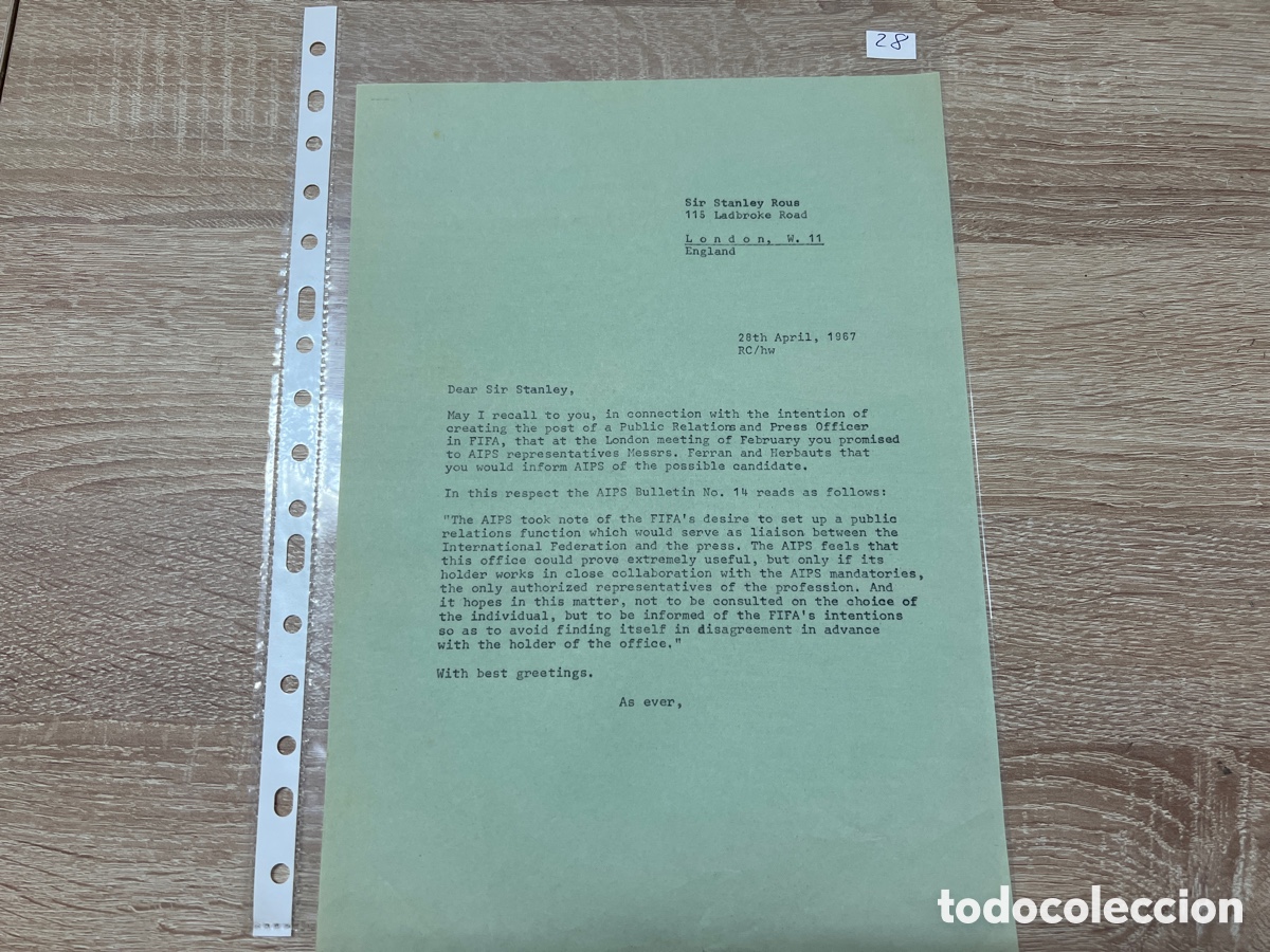 Coleccionismo deportivo: CARTA DOCUMENTO FIFA