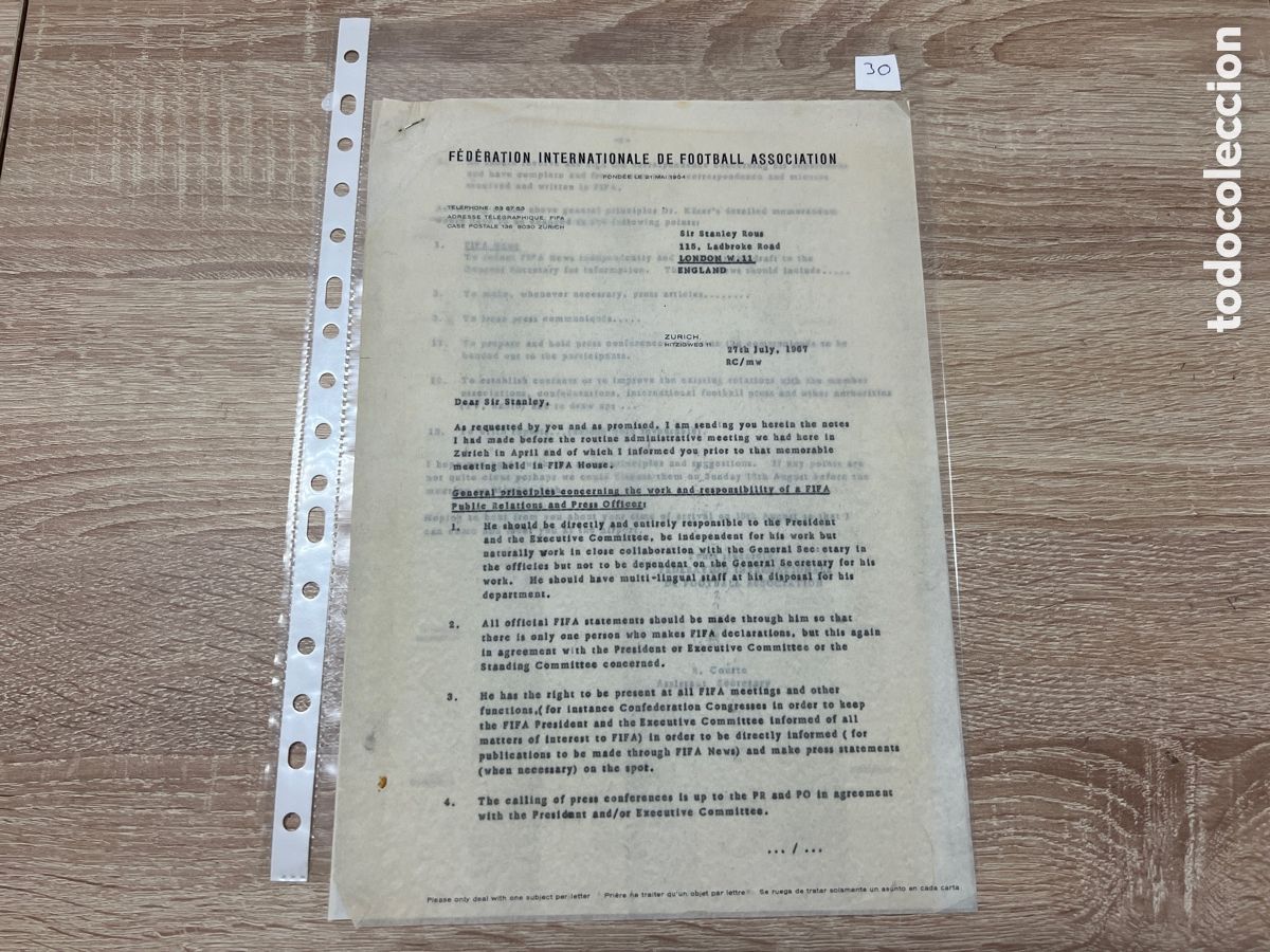 Coleccionismo deportivo: CARTA DOCUMENTO FIFA