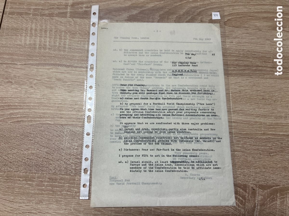 Coleccionismo deportivo: CARTA DOCUMENTO FIFA A&Ntilde;OS 60