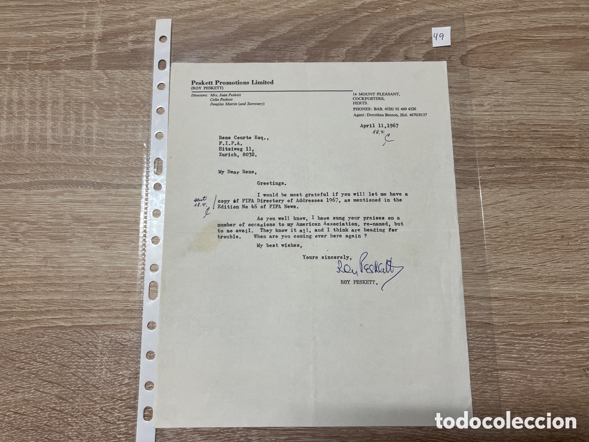 Coleccionismo deportivo: CARTA DOCUMENTO FIFA A&Ntilde;OS 60