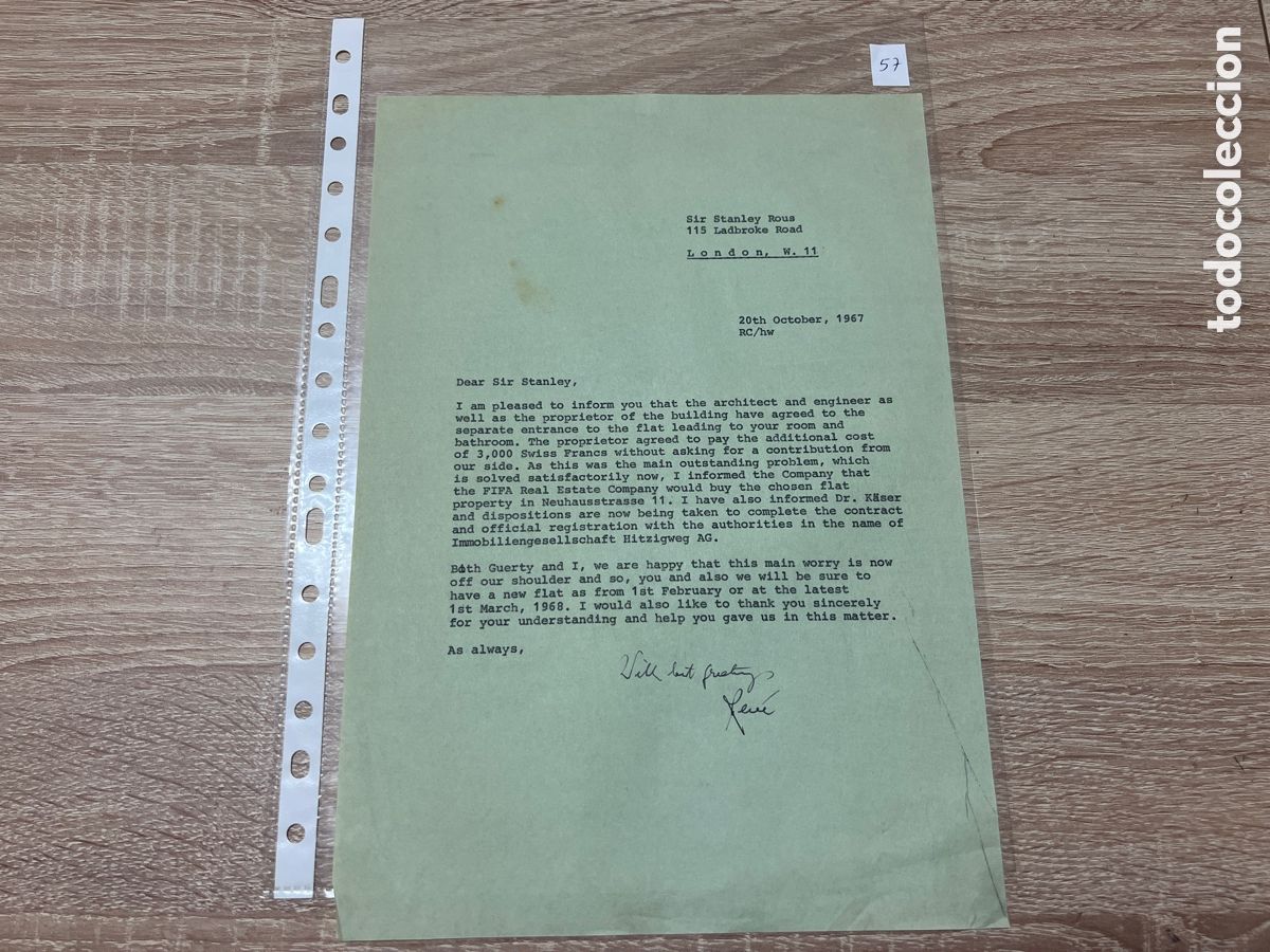 Coleccionismo deportivo: CARTA DOCUMENTO FIFA A&Ntilde;OS 60