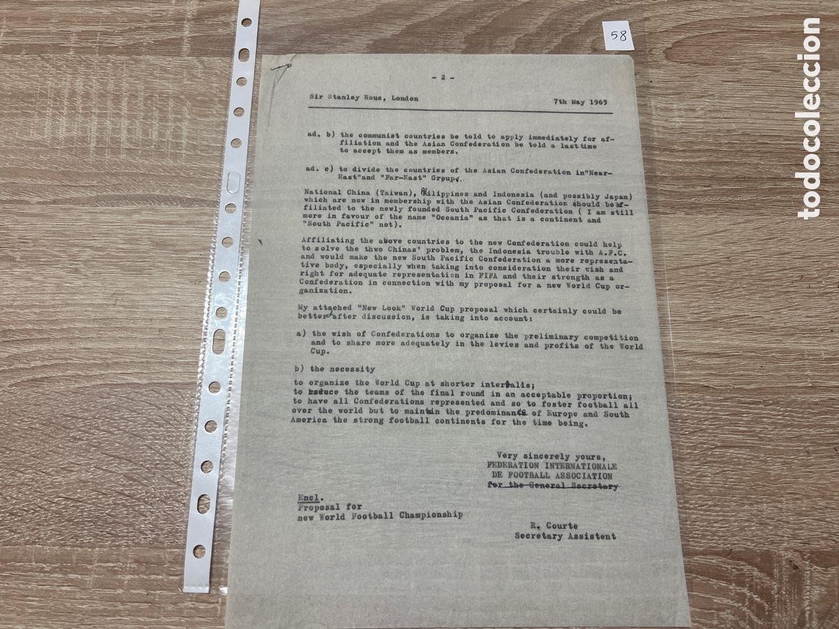 Coleccionismo deportivo: CARTA DOCUMENTO FIFA A&Ntilde;OS 60