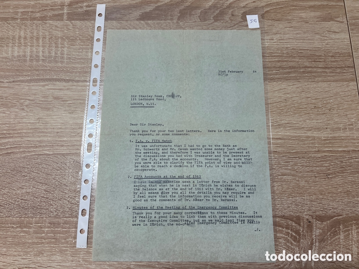 Coleccionismo deportivo: CARTA DOCUMENTO FIFA A&Ntilde;OS 60