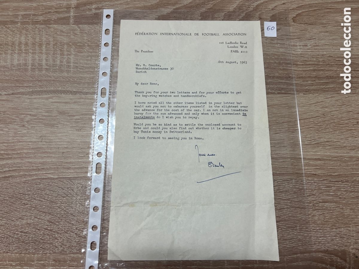 Coleccionismo deportivo: CARTA DOCUMENTO FIFA A&Ntilde;OS 60