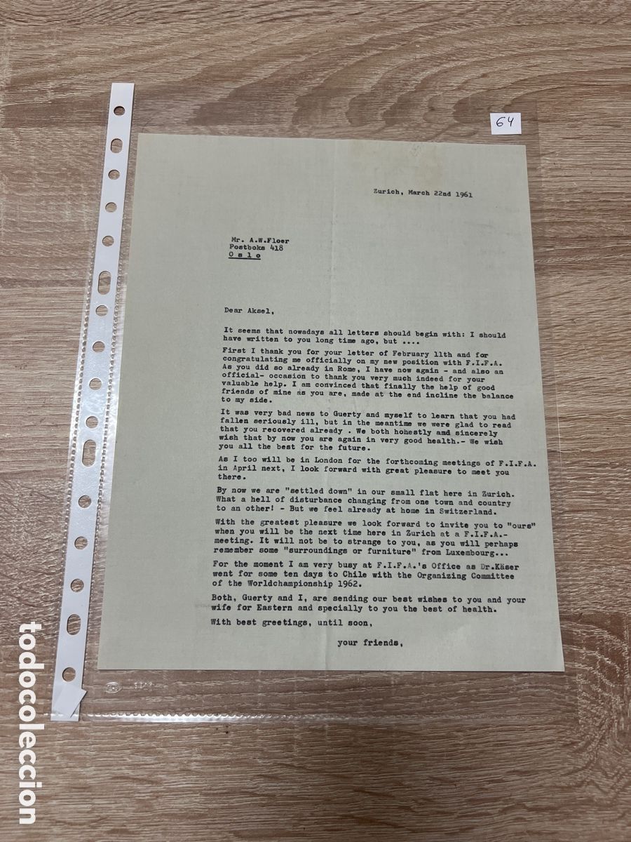Coleccionismo deportivo: CARTA DOCUMENTO FIFA A&Ntilde;OS 60