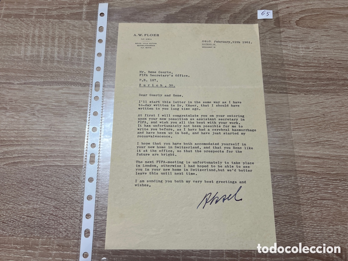 Coleccionismo deportivo: CARTA DOCUMENTO FIFA A&Ntilde;OS 60