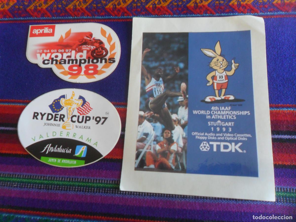 Coleccionismo deportivo: PEGATINA TDK CAMPEONATO MUNDO ATLETISMO 1993, APRILIA CAMPE&Oacute;N MUNDO 98, RYDER CUP 97 JOHNNIE WALKER