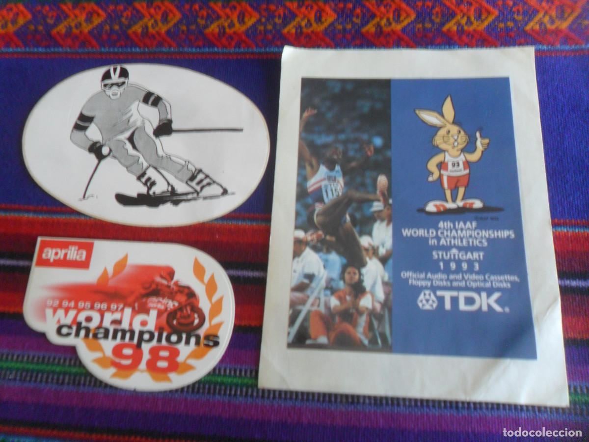 Coleccionismo deportivo: PEGATINA TDK CAMPEONATO MUNDO ATLETISMO 1993, APRILIA CAMPE&Oacute;N MUNDO 98 MOTOCICLISMO Y ESQU&Iacute;. RARAS.