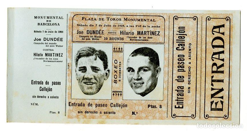 Coleccionismo deportivo: Entrada Boxeo Joe Dundee / Hilario Mart&iacute;nez 7 julio 1928 Paseo Callej&oacute;n