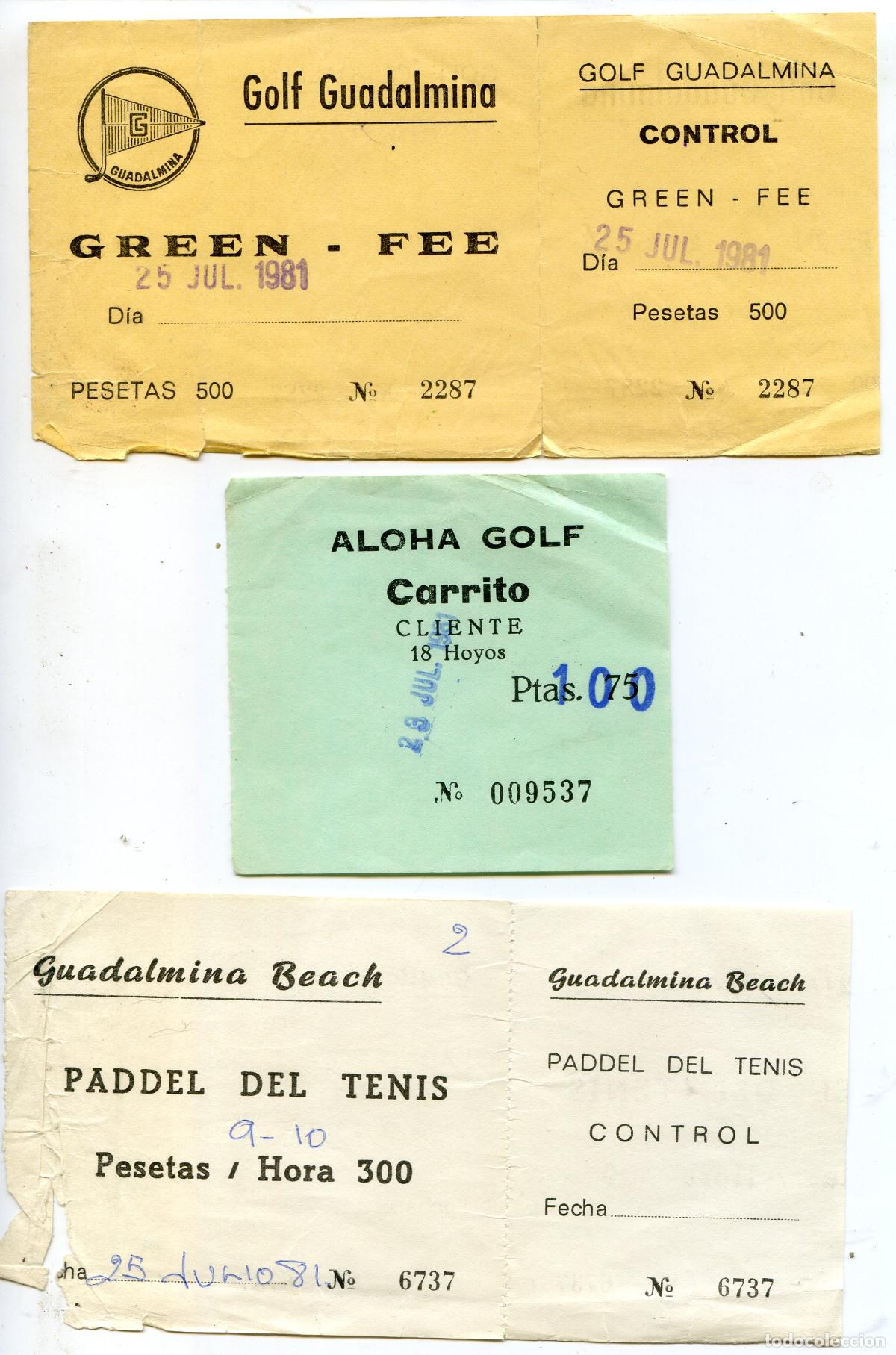 Coleccionismo deportivo: Club de Golf Guadalmina Green fee del a&ntilde;o 1981, y recibo carrito Aloha Golf, y regalo adicional
