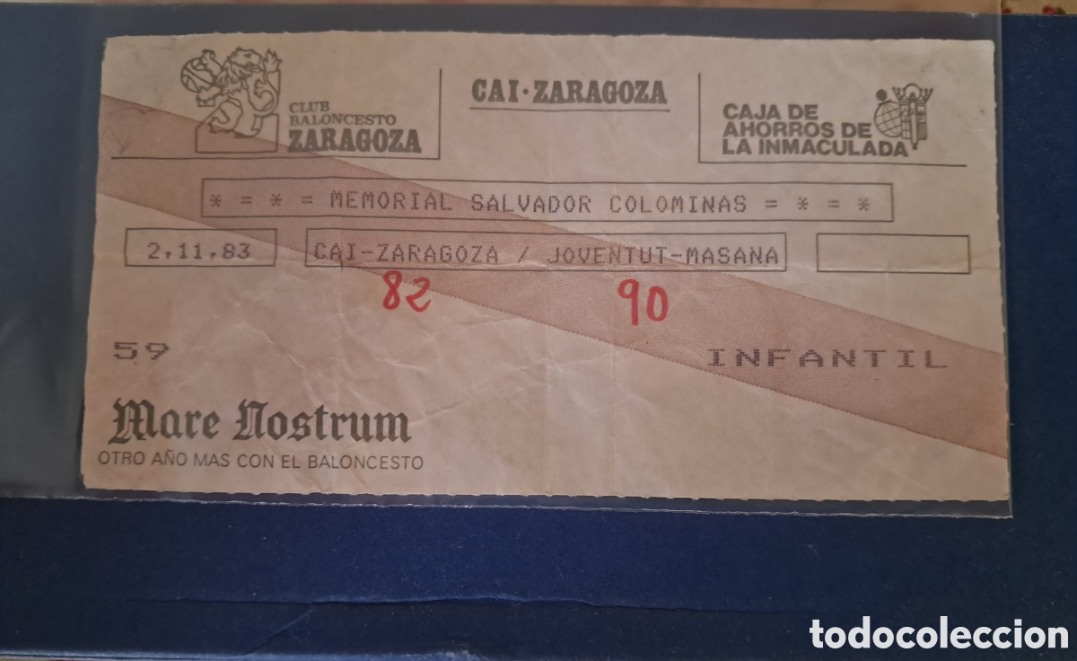 Coleccionismo deportivo: Entrada baloncesto CAI Zaragoza-Joventut-Masana 1983