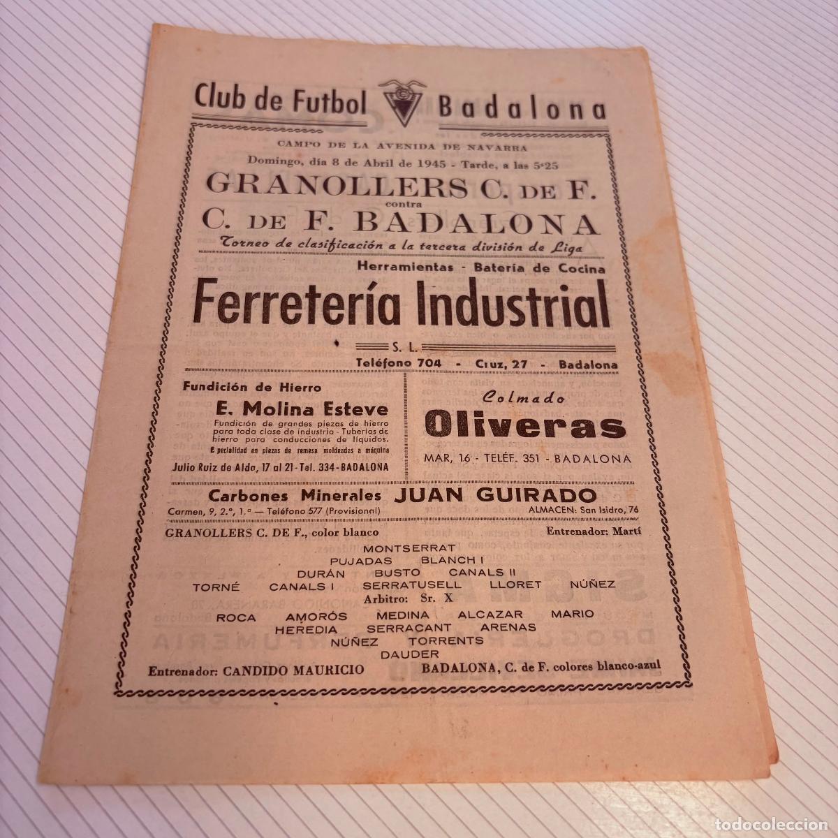 Coleccionismo deportivo: Programa club de futbol badalona 1945 campo avenida granada granollers