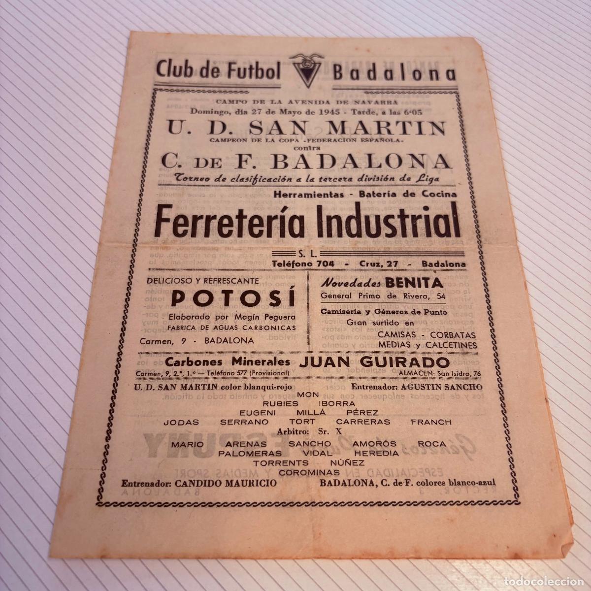 Coleccionismo deportivo: Programa club de futbol badalona 1945 campo avenida granada u.d. San martin