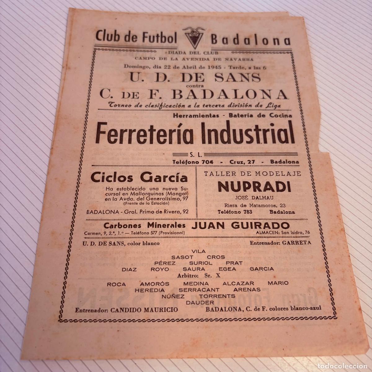 Coleccionismo deportivo: Programa club de futbol badalona 1945 campo avenida granada u.d. De Sans