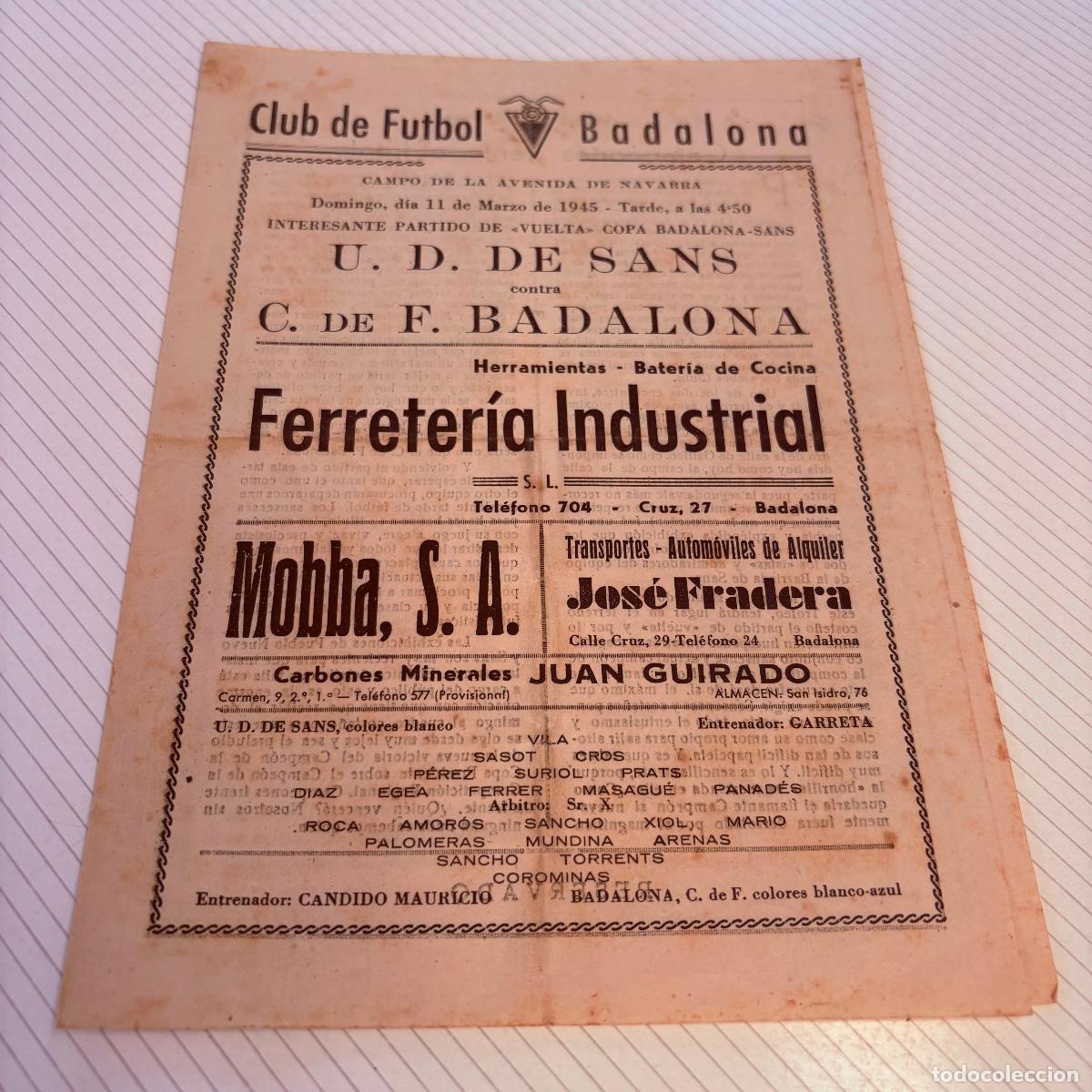 Coleccionismo deportivo: Programa club de futbol badalona 1945 campo avenida granada u.d. De Sans