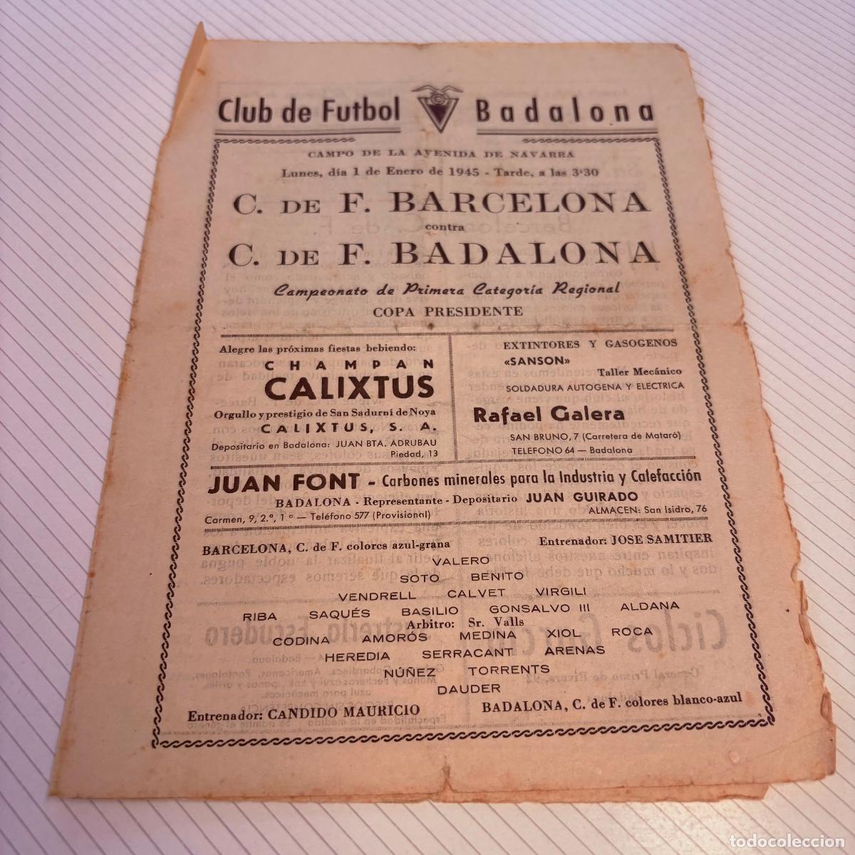 Coleccionismo deportivo: Programa club de futbol badalona 1945 campo avenida granada c.f. barcelona