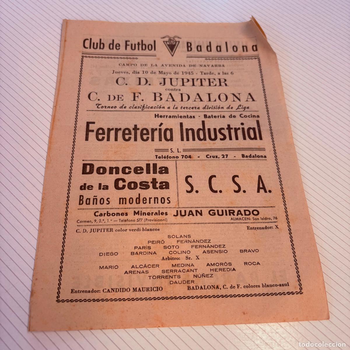 Coleccionismo deportivo: Programa club de futbol badalona 1945 campo avenida granada c.d. Jupiter