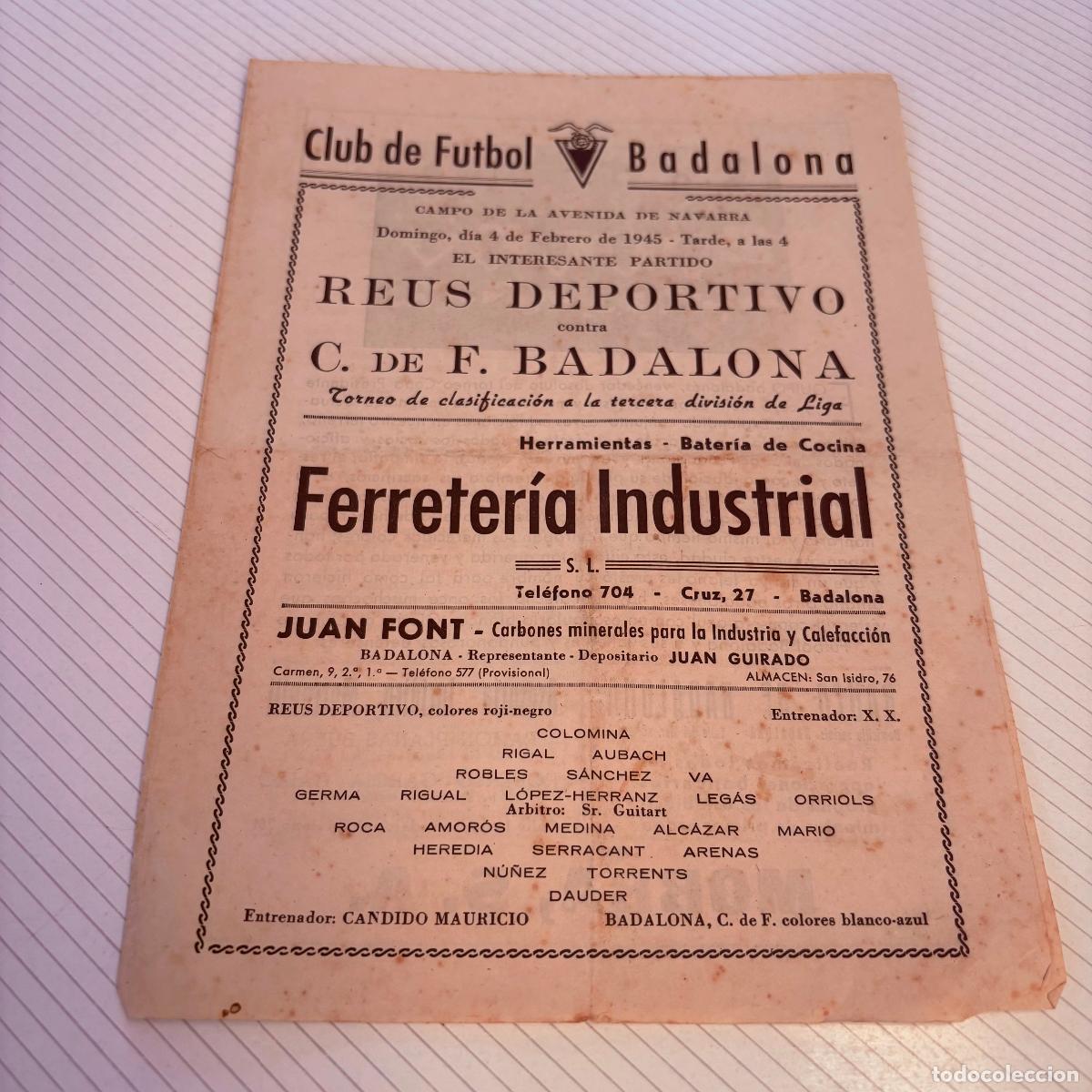 Coleccionismo deportivo: Programa club de futbol badalona 1945 campo avenida granada reus deportivo
