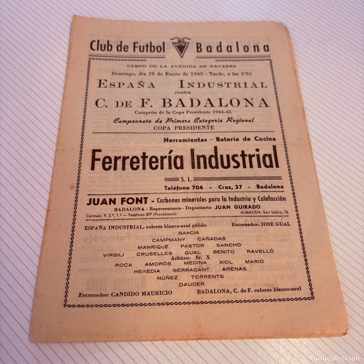 Coleccionismo deportivo: Programa club de futbol badalona 1945 campo avenida granada Espa&ntilde;a industrial