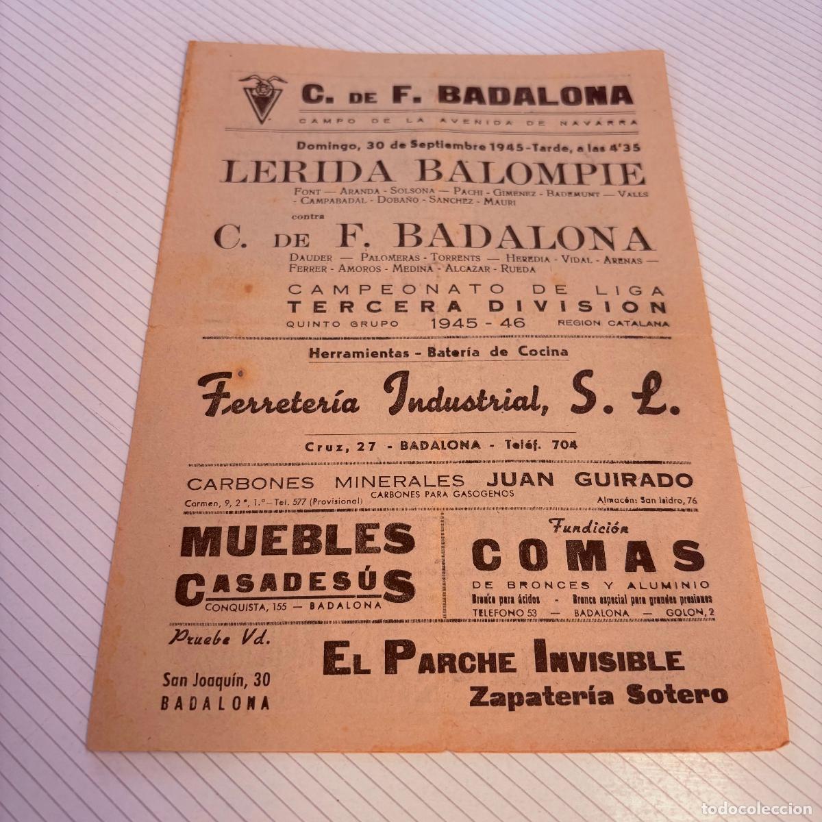 Coleccionismo deportivo: Programa club de futbol badalona 1945 campo avenida granada lerida balompie