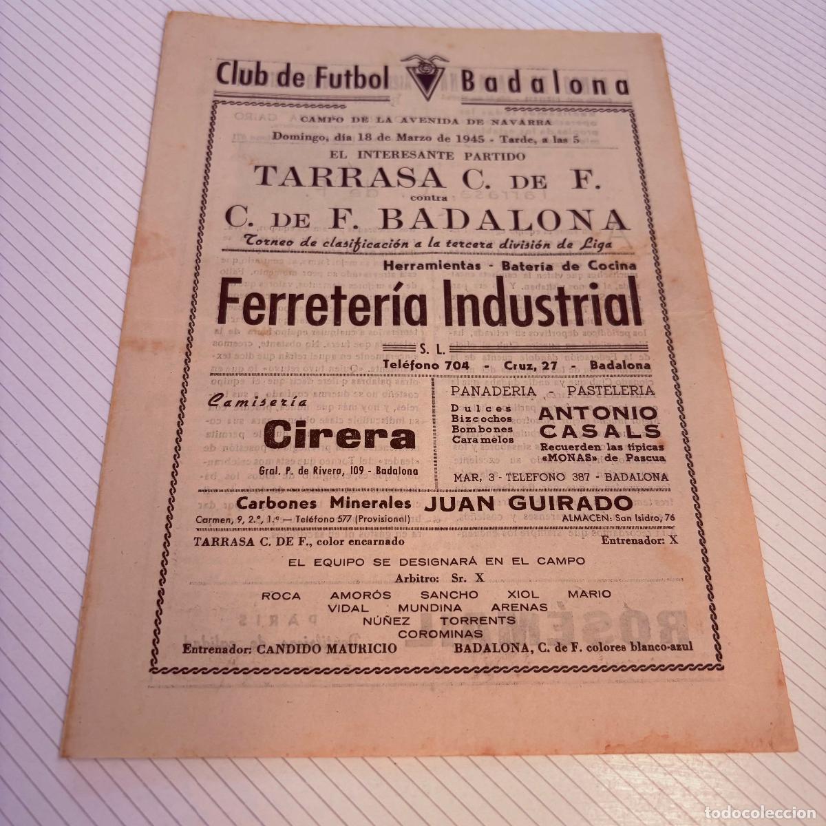 Coleccionismo deportivo: Programa club de futbol badalona 1945 campo avenida granada tarrasa c. De f.