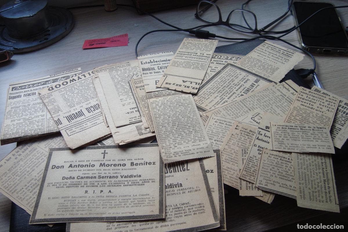 Coleccionismo deportivo: REAL BETIS RECORTES PRENSA AFICIONADO D. ANTONIO MORENO BENITEZ FALLECIDO EN ACCIDENTE 1956.
