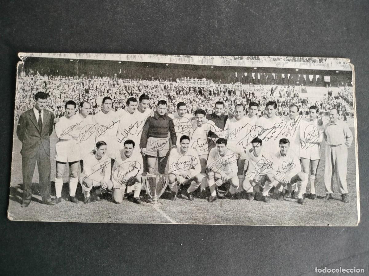 Coleccionismo deportivo: TARJETA POSTAL REAL MADRID FUTBOL CAMPEON LIGA 1956 1957 56 57 FELICITACI&Oacute;N AUTOGRAFO FIRMA IMPRESA