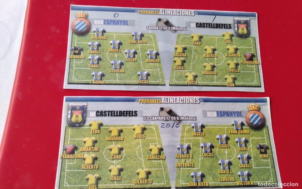 Coleccionismo deportivo: R.C.D. ESPA&Ntilde;OL-U.E. CAST , DOS HOJAS CON LAS PROBABLES ALINEACIONES Y RESULTADO A&Ntilde;O 2010 3&ordf; DIVISION