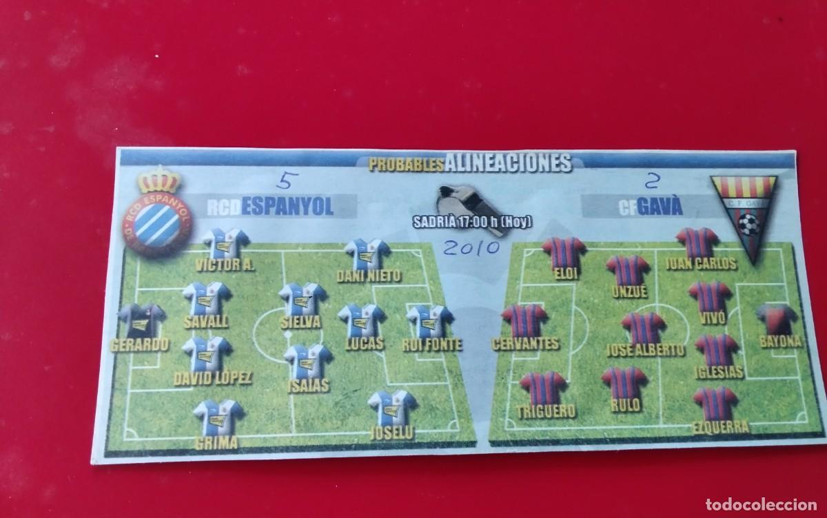 Coleccionismo deportivo: R.C.D. ESPA&Ntilde;OL- C.F. GAVA , HOJA CON LAS PROBABLES ALINEACIONES A&Ntilde;O 2010 3&ordf; DIVISION