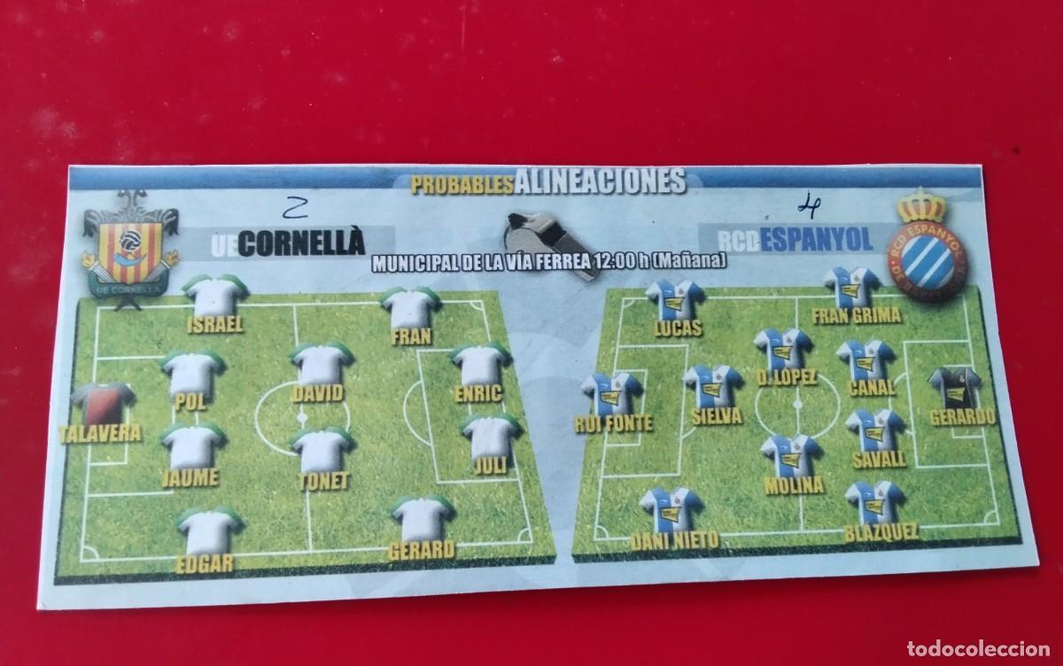 Coleccionismo deportivo: U.E. CORNELLA - R.C.D. ESPA&Ntilde;OL , HOJA CON LAS PROBABLES ALINEACIONES A&Ntilde;O 2010 3&ordf; DIVISION