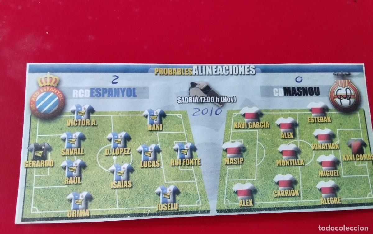 Coleccionismo deportivo: R.C.D. ESPA&Ntilde;OL- C.D. MASNOU , HOJA CON LAS PROBABLES ALINEACIONES A&Ntilde;O 2010 3&ordf; DIVISION