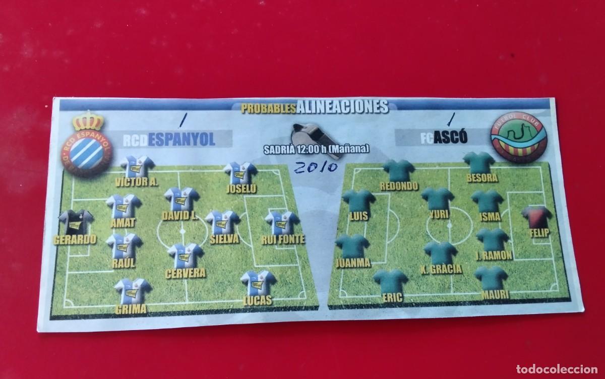 Coleccionismo deportivo: R.C.D. ESPA&Ntilde;OL- E.C. ASCO , HOJA CON LAS PROBABLES ALINEACIONES A&Ntilde;O 2010 3&ordf; DIVISION