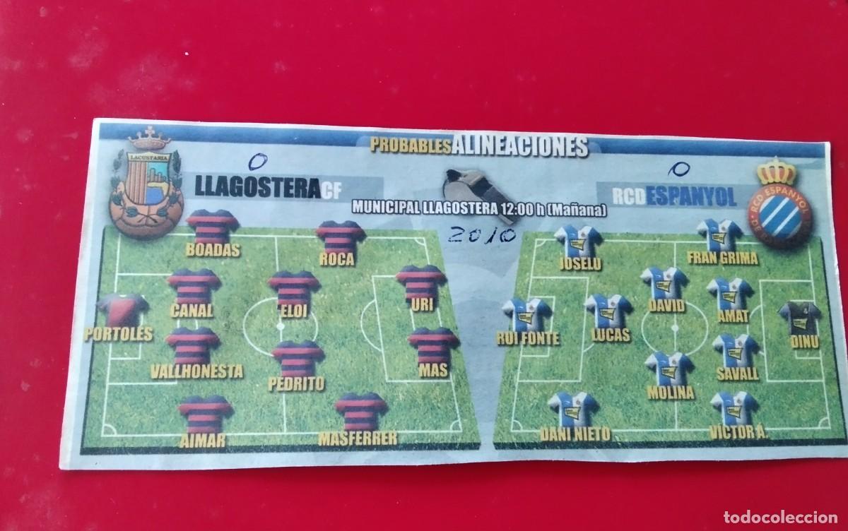 Coleccionismo deportivo: LLAGOSTERA C.F.-R.C.D. ESPA&Ntilde;OL , HOJA CON LAS PROBABLES ALINEACIONES A&Ntilde;O 2010 3&ordf; DIVISION